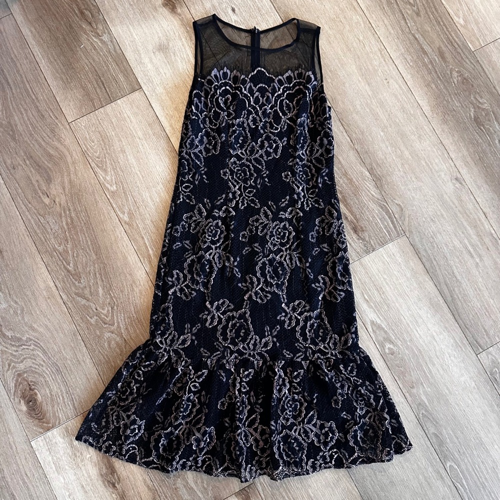 Adrianna Papell Floral Lace Mesh Yoke Flounce Hem Midi Dress Navy Pink Size 6